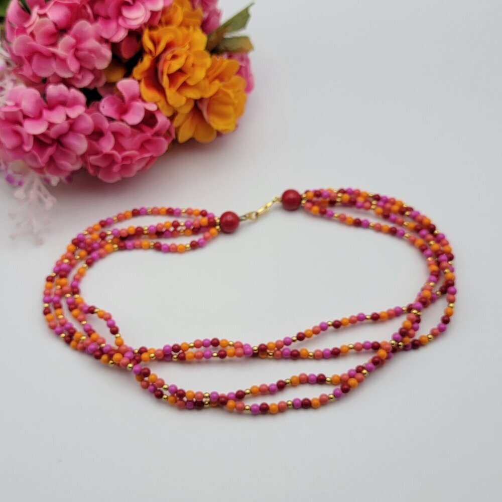 Vintage Dainty Multicolor Plastic Beaded Necklace 16.5 in Gold Tone Tutti Frutti